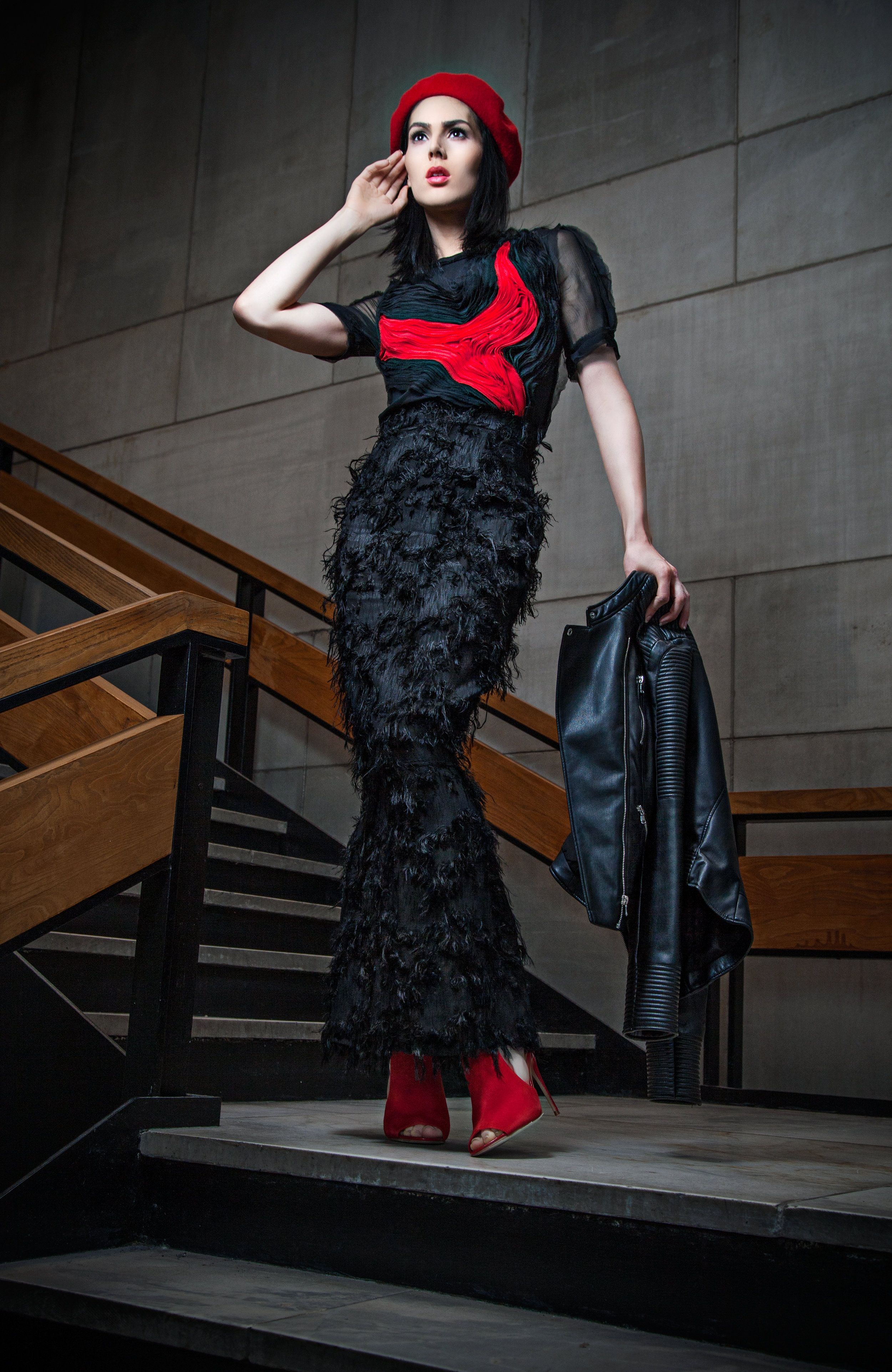 &nbsp;Abstract Heart Blouse + Black Feathery Pillar Skirt&nbsp;by Kate Stoltz @katestoltz Red beret and leather jacket courtesy of Style Team Member Lee-Ann Laville; Red shoes by Steve Madden